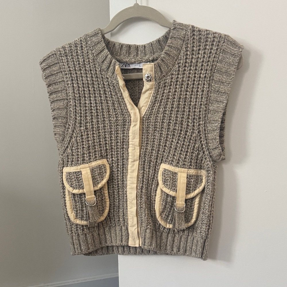 Zara Brown Knit Vest with Cream Accents